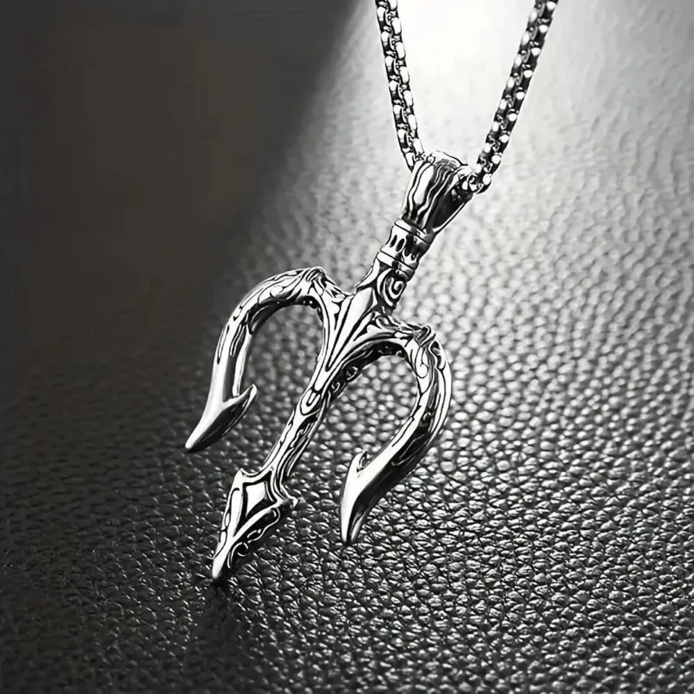 Men's Nordic Viking Amulet Poseidon Trident Stainless Steel Pendant Necklace